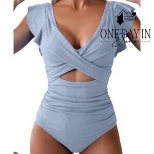 B2Prity Ribbed Ruffle Shoulder Cross Front Cut Out One Piece Swimsuit Size M